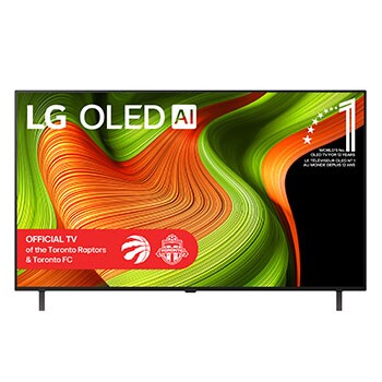 Front view of LG OLED AI B5 4K Smart TV. 12 Years of world number 1 OLED emblem and LG OLED AI 2025 logo are on the screen.