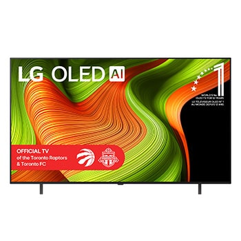 Front view of LG OLED AI B5 4K Smart TV. 12 Years of world number 1 OLED emblem and LG OLED AI 2025 logo are on the screen.