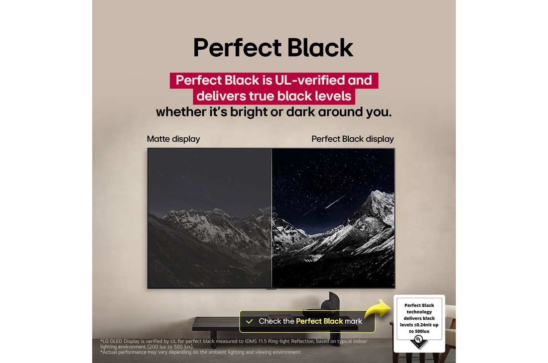 Matte display ver	Living room space with a wall-mounted LG OLED TV. On the TV is a mountain range against a dark evening sky filled with stars. This scene is split in half to show how Perfect Black delivers true black levels whether it's bright or dark around you. One side of the scene shows a duller, grayer version of the landscape labeled, Matte display. On the other side is a more pleasing picture with a larger dynamic range of blacks and whites. This is labeled, Perfect Black display. Logo certification is also visible, Perfect Black Technology delivers black levels less than or equal to 0.24 nit up to 500 lux. A text bubble is by its side it says, check the Perfect Black certification mark.