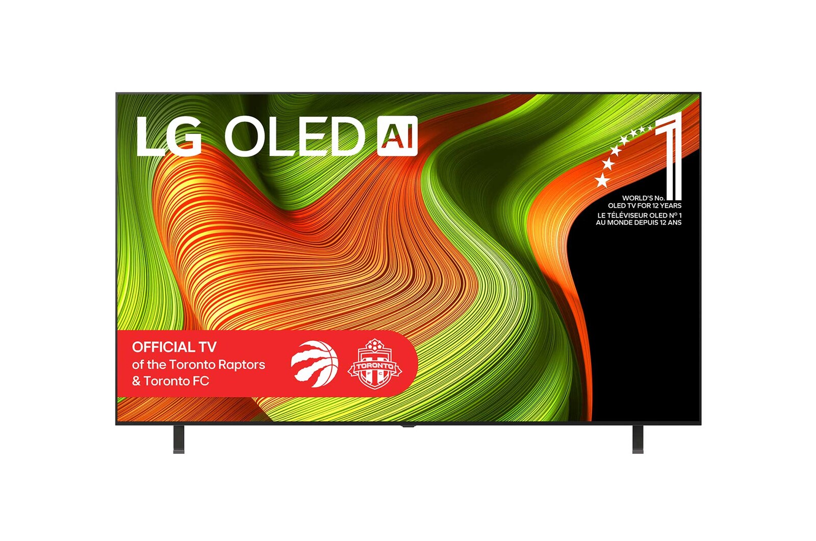 Front view of LG OLED AI B5 4K Smart TV. 12 Years of world number 1 OLED emblem and LG OLED AI 2025 logo are on the screen.