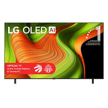 Front view of LG OLED AI B5 4K Smart TV. 12 Years of world number 1 OLED emblem and LG OLED AI 2025 logo are on the screen.