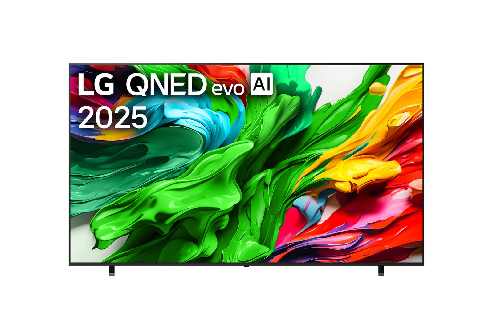 Front view of LG QNED evo QNED85 TV, LG QNED evo Al Logo on the top corner. LG QNED evo QNED85 TV depicts colorful paintike textures coming together.