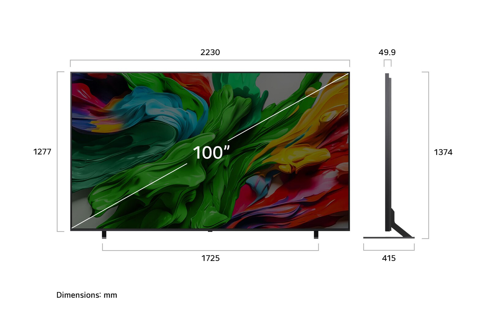 Front view and side view of LG QNED evo AI QNED85 4K Smart TV showing its length, width, height, and depth dimensions.