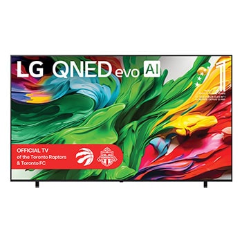Front view of LG QNED evo QNED85 TV, LG QNED evo Al Logo on the top corner. LG QNED evo QNED85 TV depicts colorful paintike textures coming together.