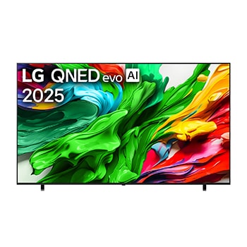 Front view of LG QNED evo QNED85 TV, LG QNED evo Al Logo on the top corner. LG QNED evo QNED85 TV depicts colorful paintike textures coming together.
