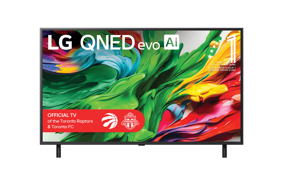 Front view of LG QNED evo QNED85 TV, LG QNED evo Al Logo on the top corner. LG QNED evo QNED85 TV depicts colourful paintike textures coming together.