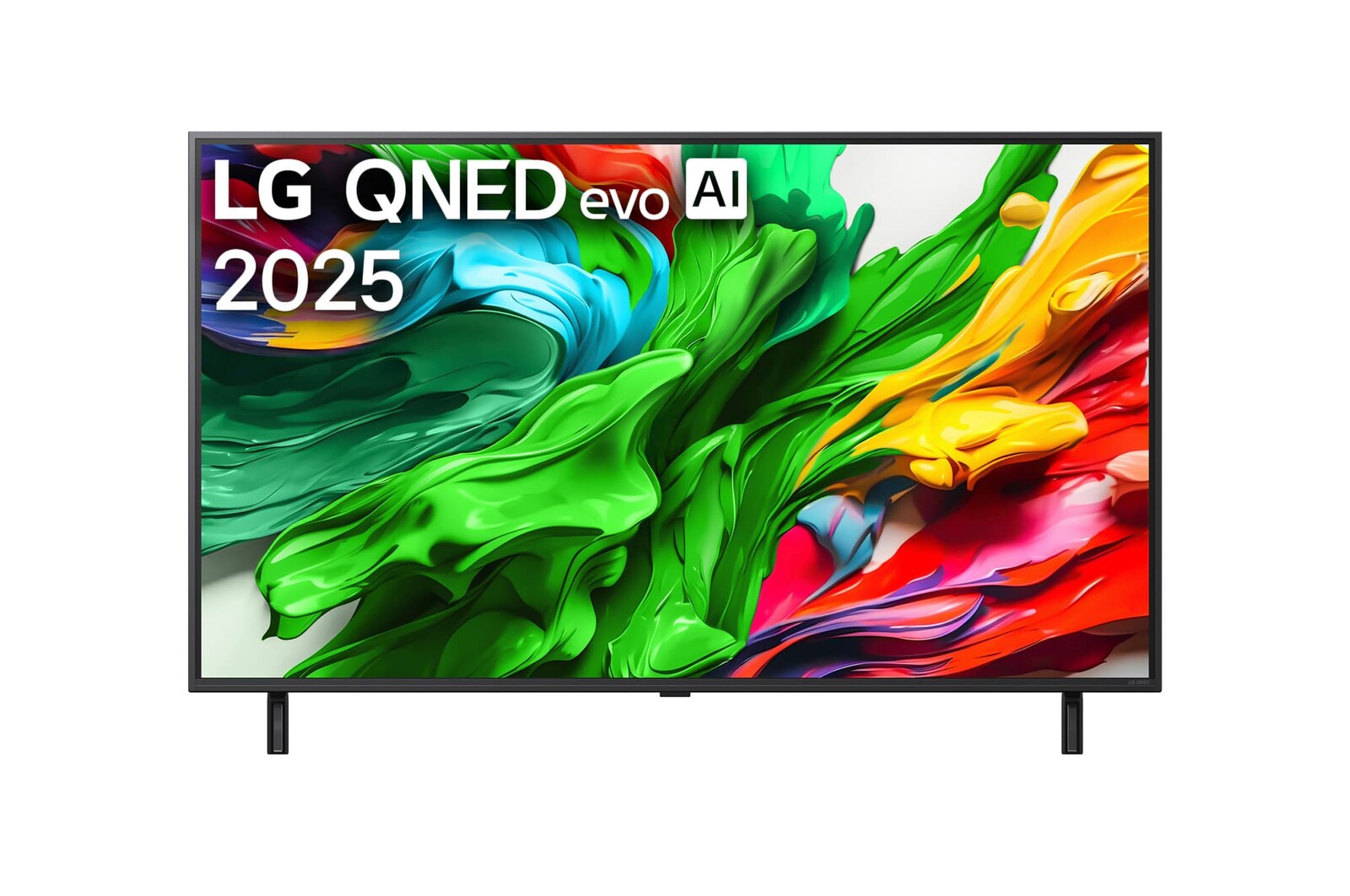Front view of LG QNED evo QNED85 TV, LG QNED evo Al Logo on the top corner. LG QNED evo QNED85 TV depicts colourful paintike textures coming together.