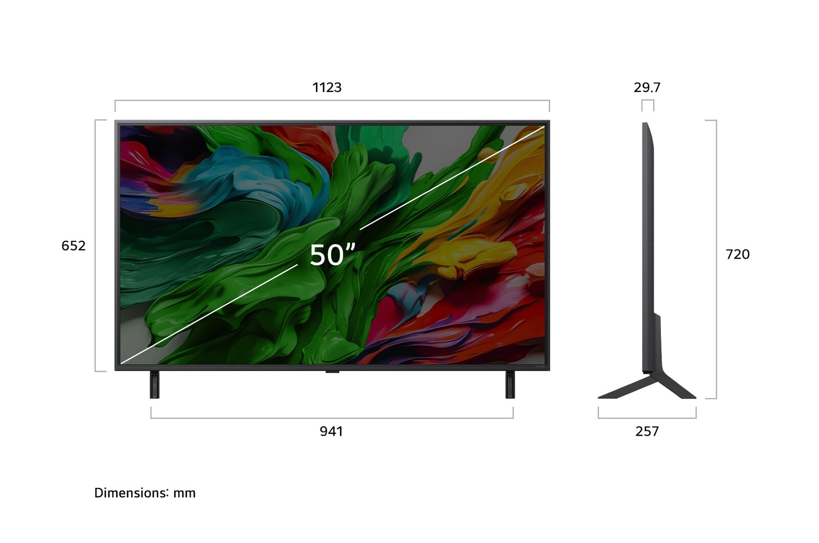 Front view and side view of LG QNED evo AI QNED85 4K Smart TV showing its length, width, height, and depth dimensions.