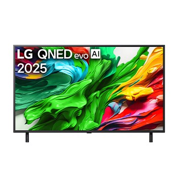 Front view of LG QNED evo QNED85 TV, LG QNED evo Al Logo on the top corner. LG QNED evo QNED85 TV depicts colourful paintike textures coming together.