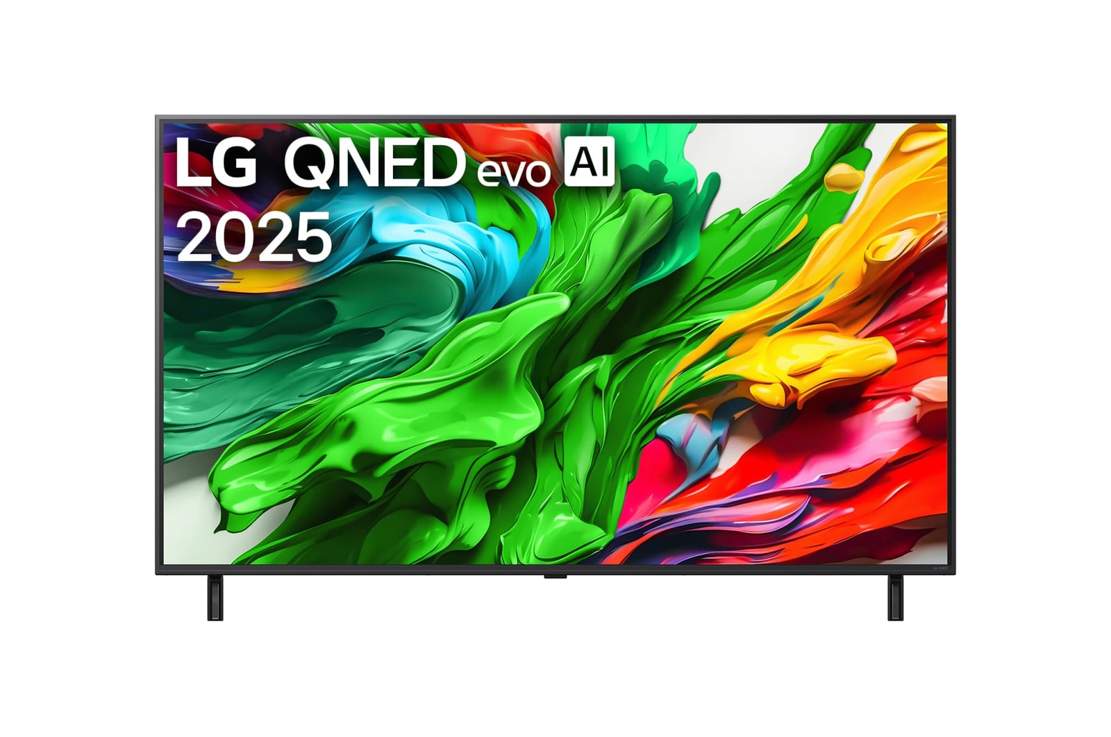Front view of LG QNED evo QNED85 TV, LG QNED evo Al Logo on the top corner. LG QNED evo QNED85 TV depicts colourful paintike textures coming together.