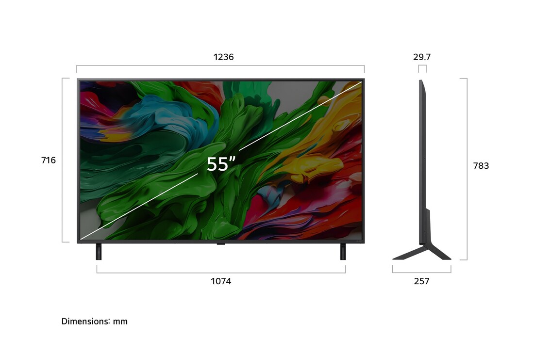 Front view and side view of LG QNED evo AI QNED85 4K Smart TV showing its length, width, height, and depth dimensions.