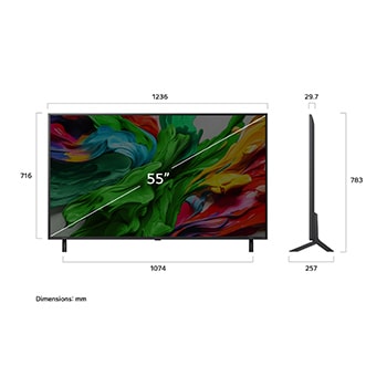 Front view and side view of LG QNED evo AI QNED85 4K Smart TV showing its length, width, height, and depth dimensions.