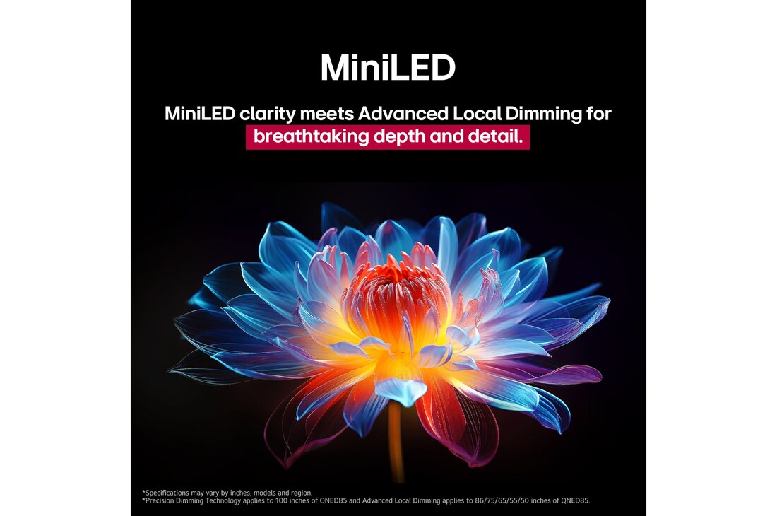3D holographic flower in many different shades and hues against a black background. The definition and detail of the flower shows off QNED MiniLED's capability to produce visuals with exceptional color, brightness, and contrast. The title talks about how MiniLED and enhances clarity and provides exceptional contrast.