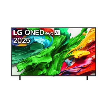 Front view of LG QNED evo QNED85 TV, LG QNED evo Al Logo on the top corner. LG QNED evo QNED85 TV depicts colourful paintike textures coming together.