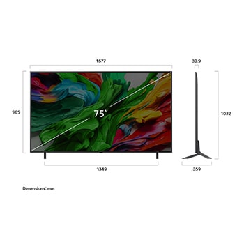 Front view and side view of LG QNED evo AI QNED85 4K Smart TV showing its length, width, height, and depth dimensions.