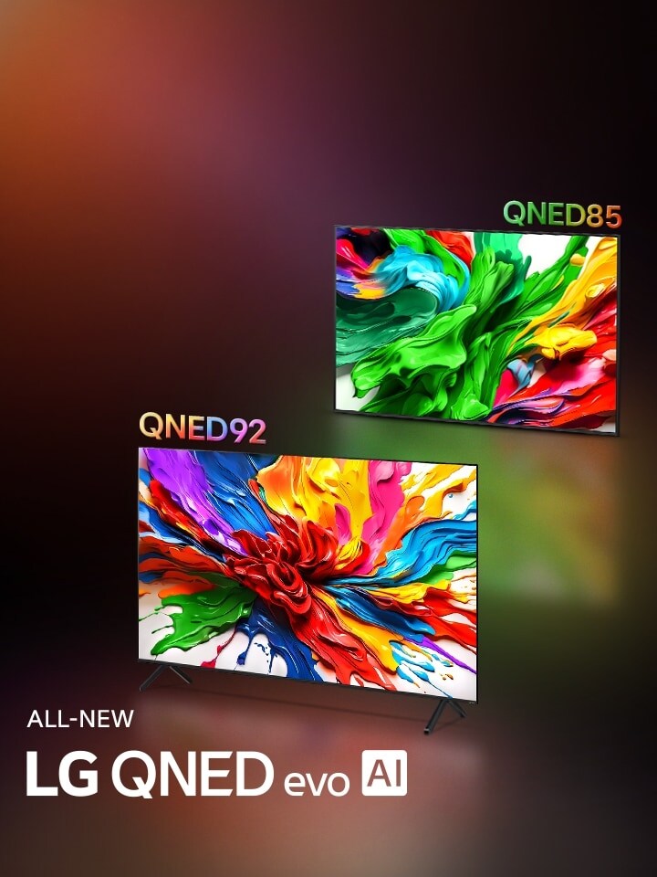 LG QNED92 and LG QNED85 TVs are side by side. colourful artwork that highlights the new vivid and vibrant colour reproduction technology of LG QNED are on their screens. ALL NEW LG QNED evo AI logo is also present.