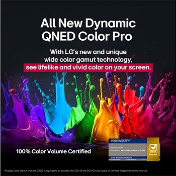 Splashes of paint burst from the floor up in diverse colors. Intertrek certification that shows independent testing placed below the image. The title talks about LG's new and unique wide color gamut technology that allows you to see vivid color on your screen.
