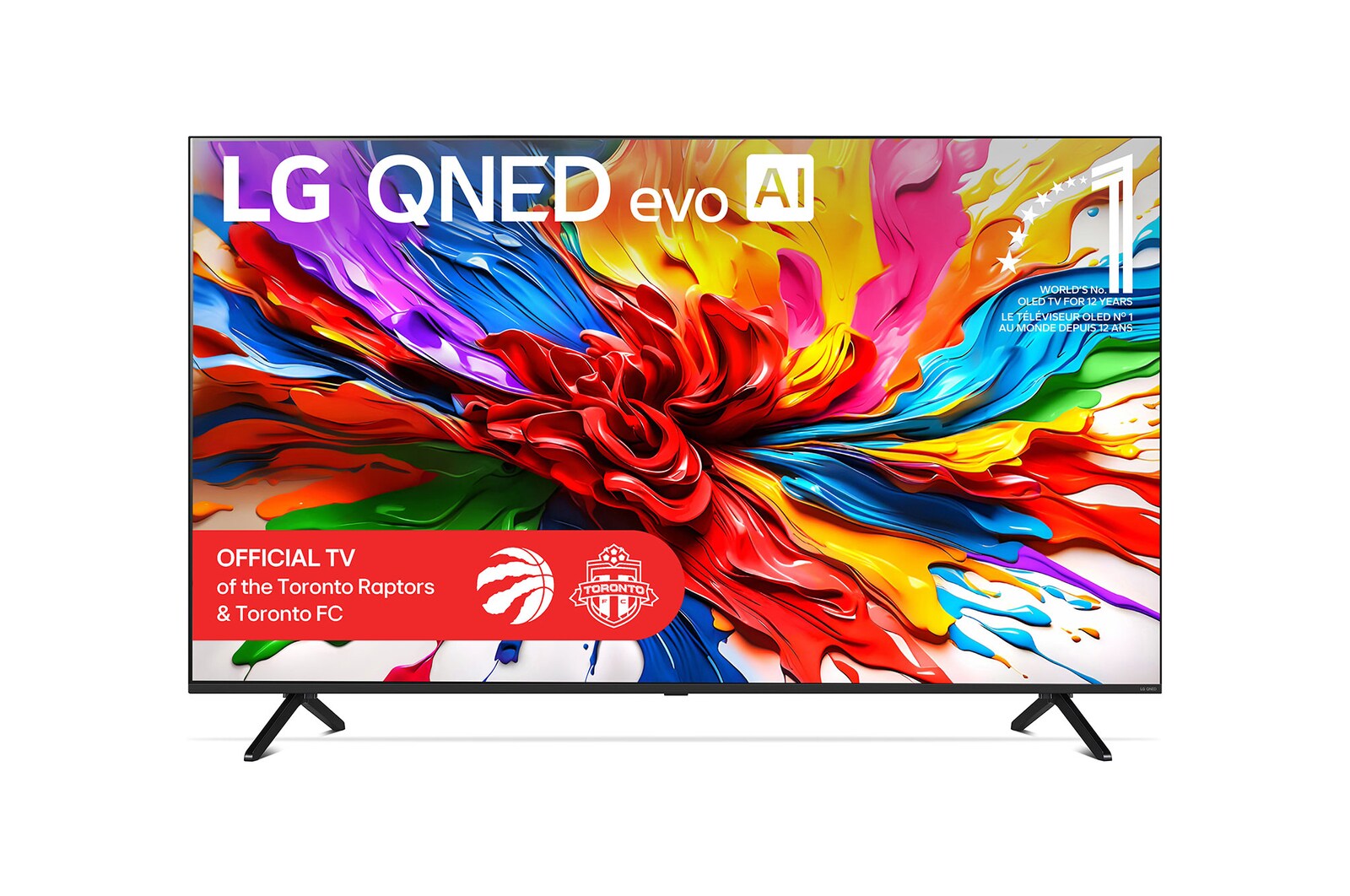 Front view of LG QNED evo QNED92 TV, LG QNED evo Al Logo on the top corner. LG QNED evo TV depicts colorful paintike textures coming together.