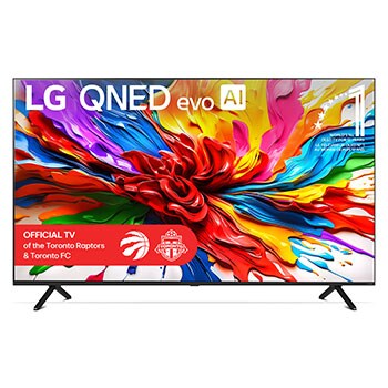 Front view of LG QNED evo QNED92 TV, LG QNED evo Al Logo on the top corner. LG QNED evo TV depicts colorful paintike textures coming together.