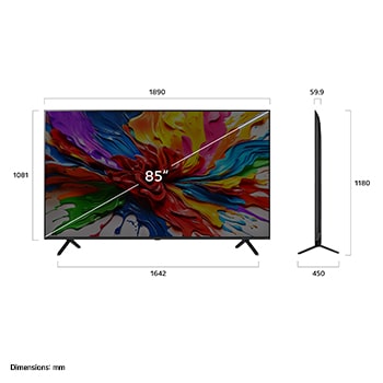Front view and side view of LG QNED evo AI QNED92 4K Smart TV showing its length, width, height, and depth dimensions.