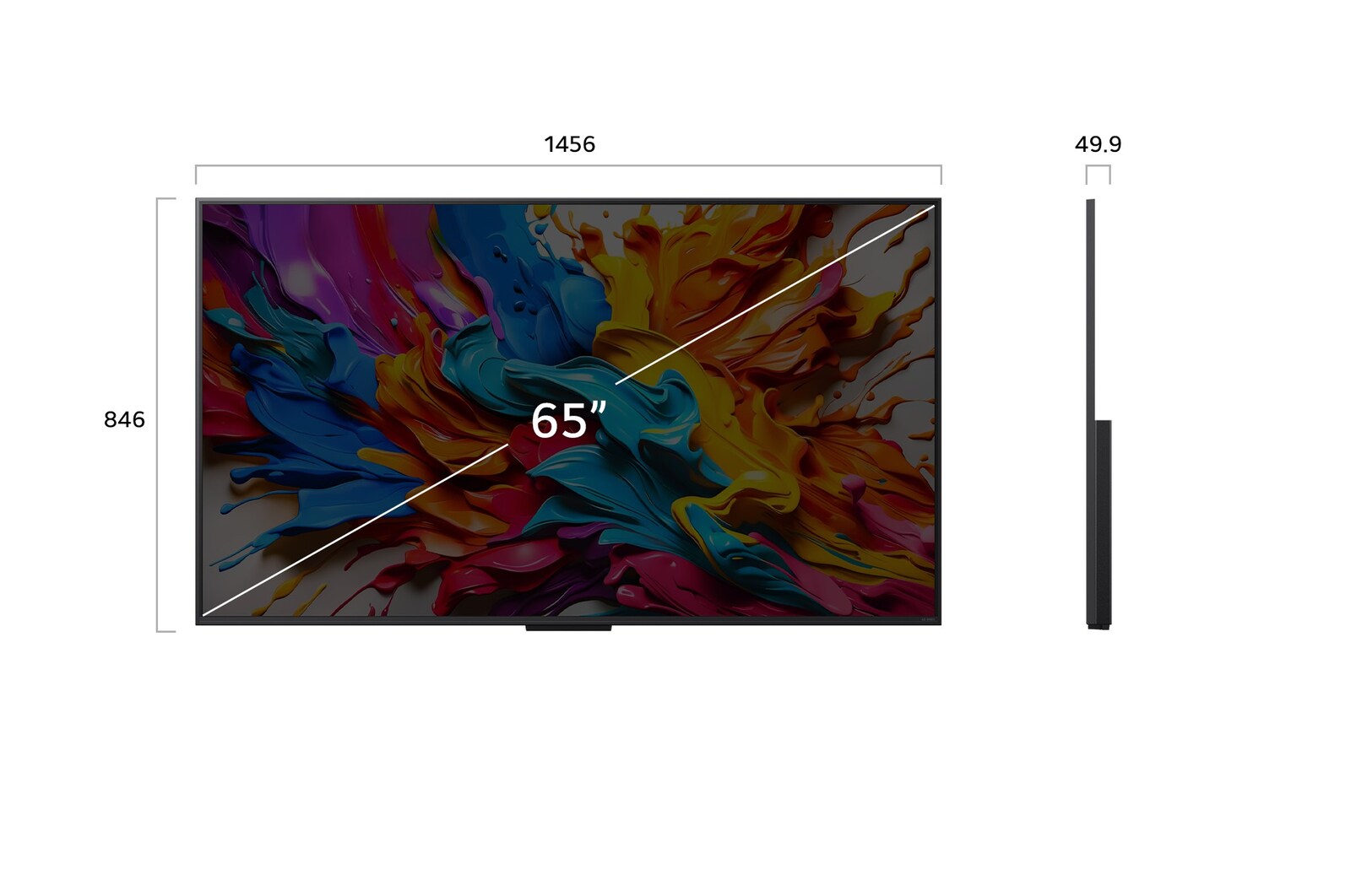 Front view and side view of LG QNED evo AI QNED9M 4K Smart TV showing its length, width, height, and depth dimensions.