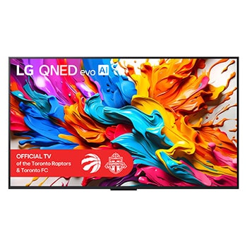 Front view of LG QNED evo AI QNED9M TV. LG QNED evo AI Logo on the. op corner. LG QNED evo TV depicts colorful paintike textures coming together. Zero Connect Box in the corner with the title, Zero Connect Box with 4K 144Hz wireless video & audio transfer.