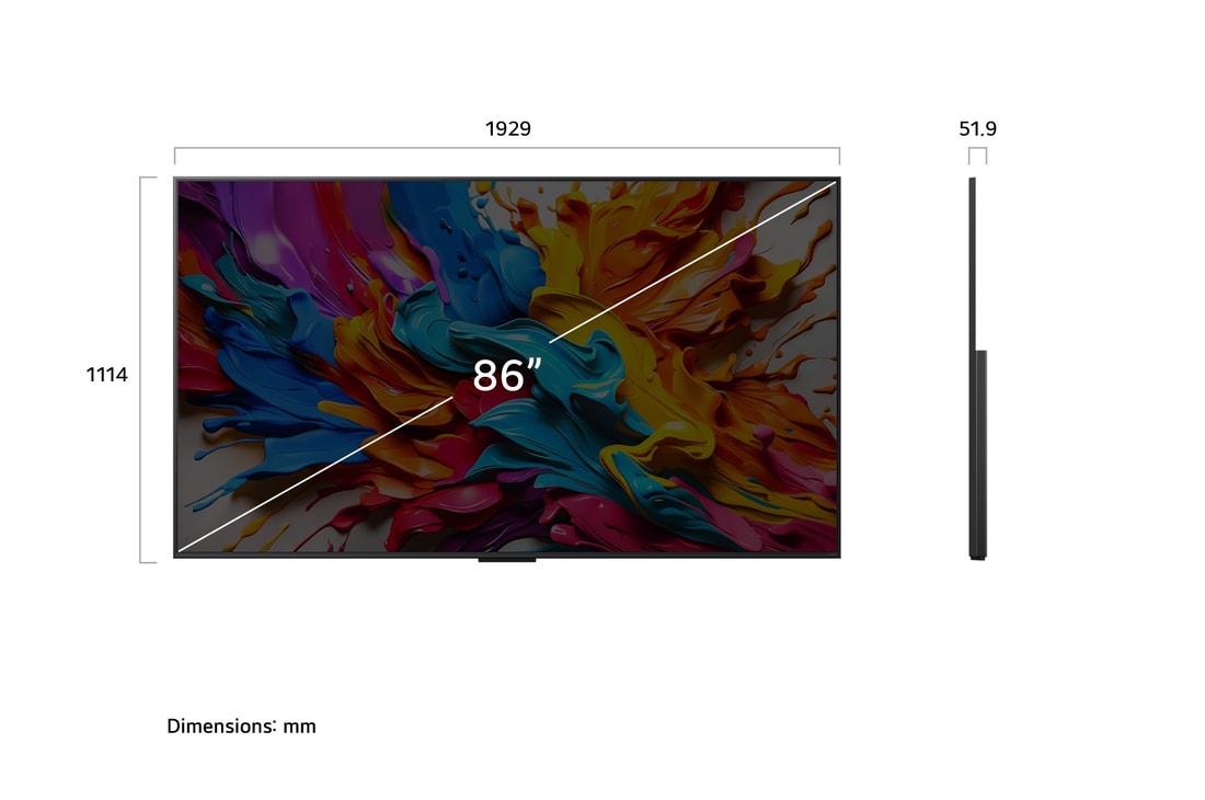 Front view and side view of LG QNED evo AI QNED9M 4K Smart TV showing its length, width, height, and depth dimensions.
