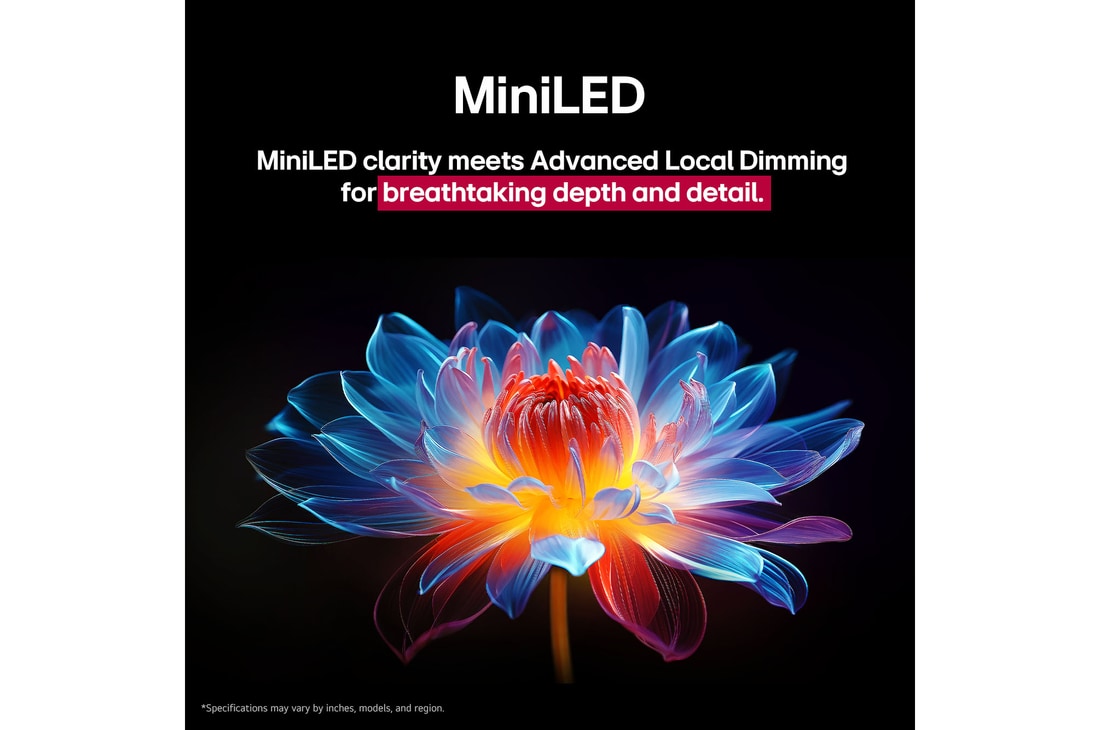 3D holographic flower in many different shades and hues against a black background. The definition and detail of the flower shows off QNED MiniLED's capability to produce visuals with exceptional colour, brightness, and contrast. The title talks about how MiniLED enhances clarity and provides exceptional contrast.