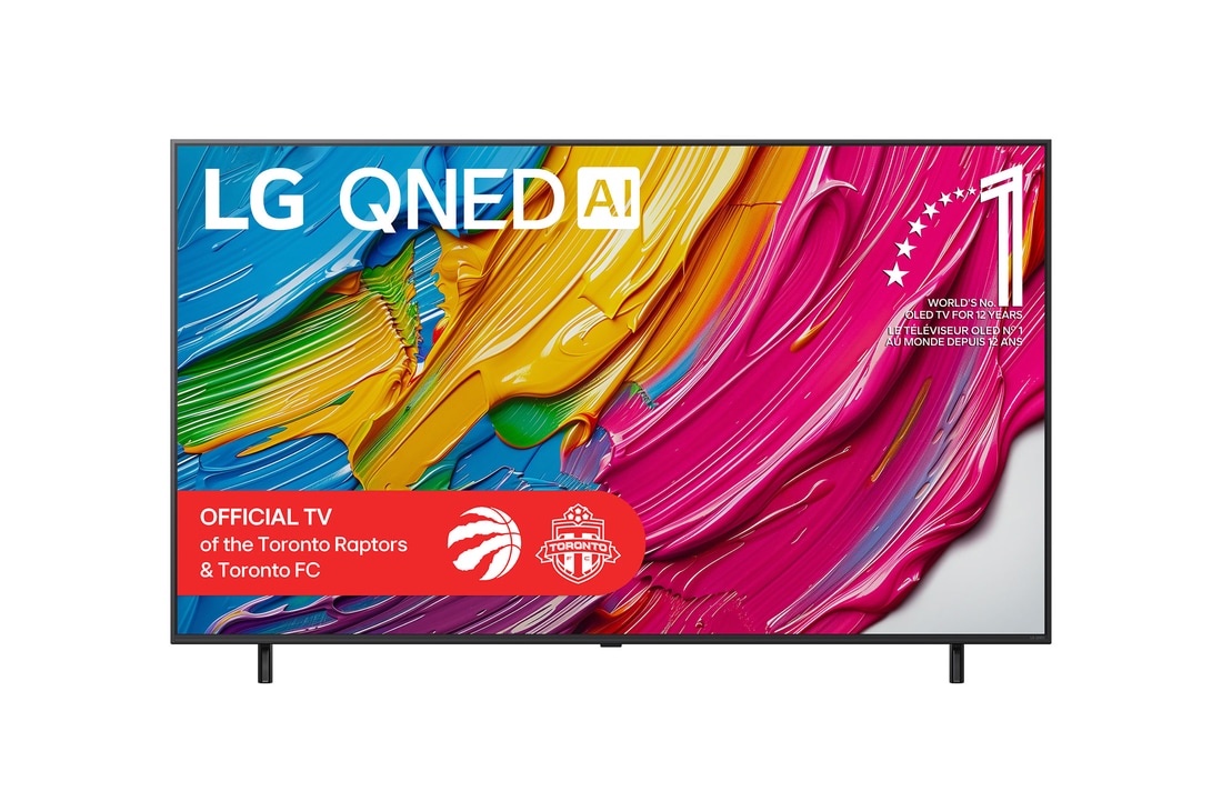 Front view of LG QNED80 TV, LG QNED Al Logo on the top corner. LG QNED TV depicts colourful paintike textures coming together.