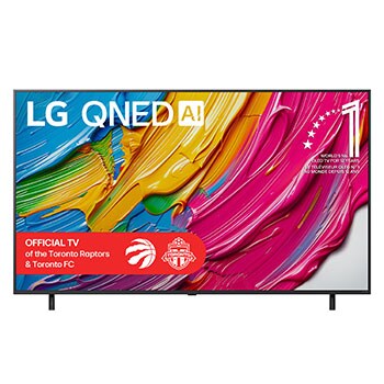 Front view of LG QNED80 TV, LG QNED Al Logo on the top corner. LG QNED TV depicts colourful paintike textures coming together.