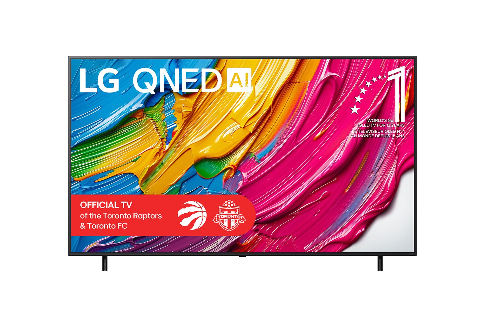 Front view of LG QNED80 TV, LG QNED Al Logo on the top corner. LG QNED TV depicts colourful paintike textures coming together.
