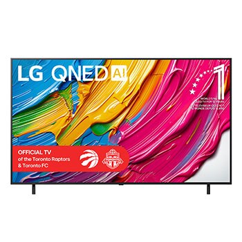Front view of LG QNED80 TV, LG QNED Al Logo on the top corner. LG QNED TV depicts colourful paintike textures coming together.