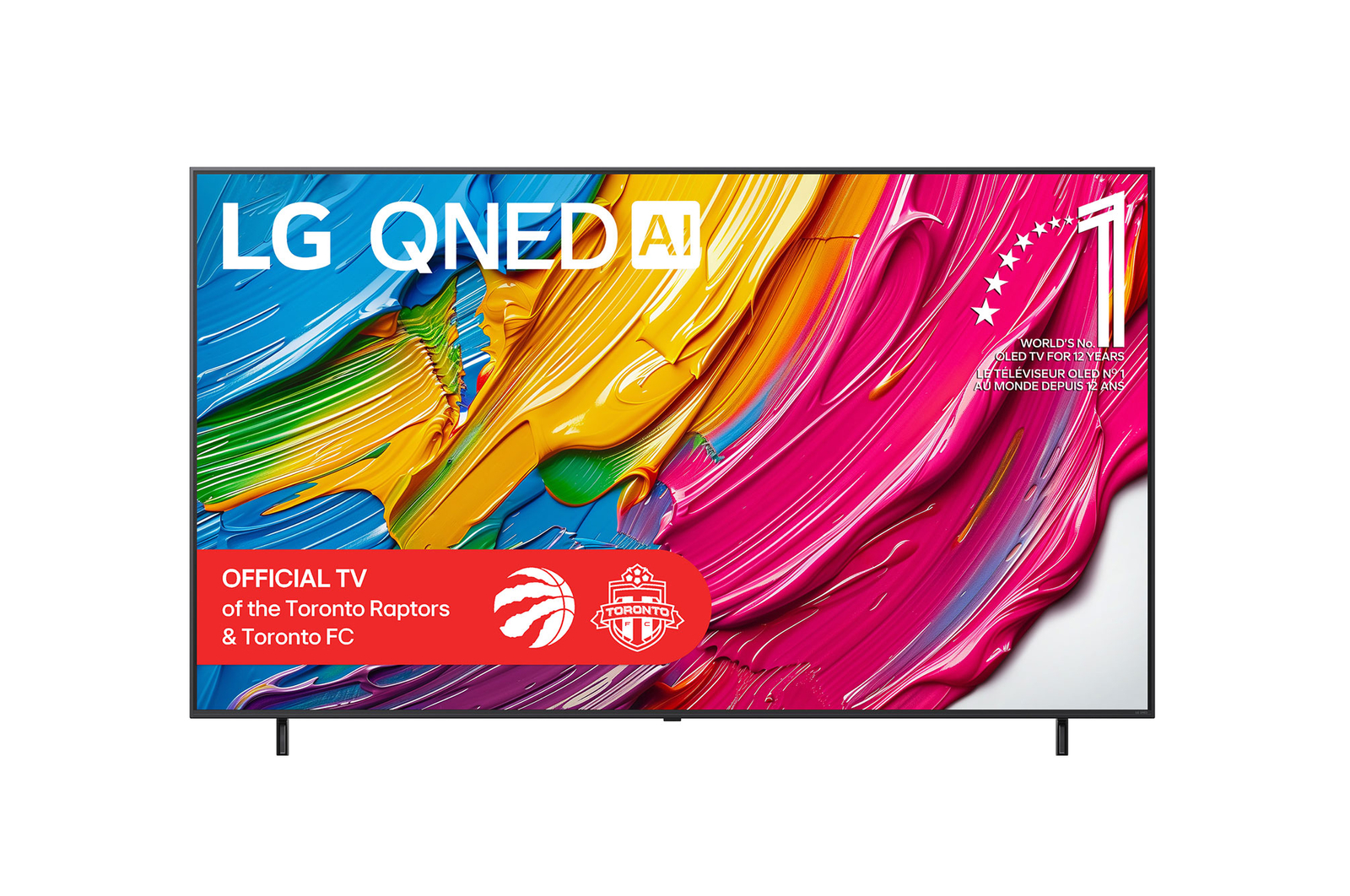 Front view of LG QNED80 TV, LG QNED Al Logo on the top corner. LG QNED TV depicts colourful paintike textures coming together.