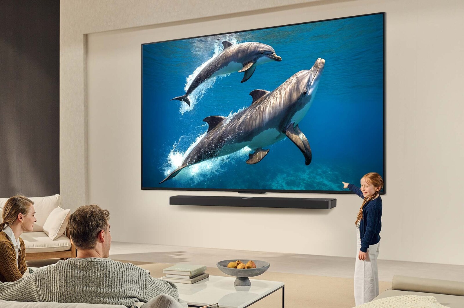Sci-fi content is playing on an LG TV screen. On the screen is the Al Chatbot interface. The user messaged the chatbot saying that the screen is too dark. The chatbot offered solutions to the request. The whole scene is also split in two. One side is darker, the other side is brighter, showing how Al Chatbot solved the issue for the user automatically. Text explains Al Chatbot can understand user intent and provide solutions to troubleshoot.