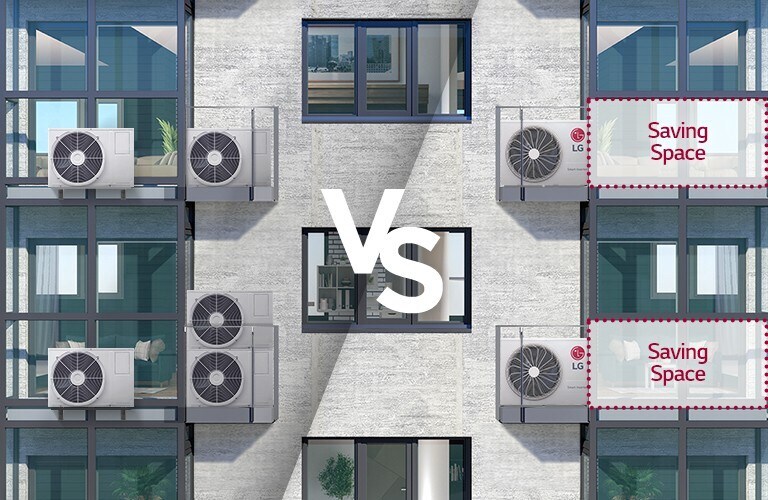 Left: Outdoor units taking up lots of balcony space Right: LG Multi Split outdoor unit taking up less space than conventional units