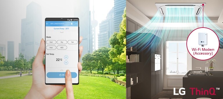Image of hand manipulating cell phone and 4 way cassette installed on the ceiling of the kitchen with wind coming out.