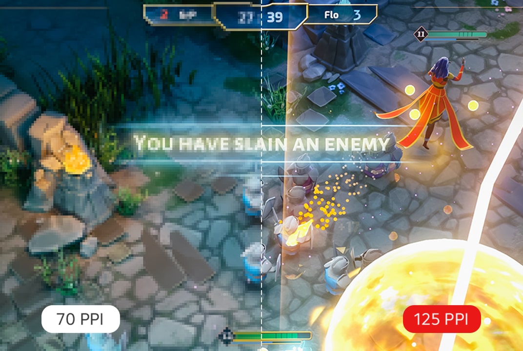 Game screen split showing a comparison between 70 PPI and 125 PPI, with the right side appearing sharper. On the right, circular close-ups illustrate the difference between RWBG and RGWB subpixel structures.