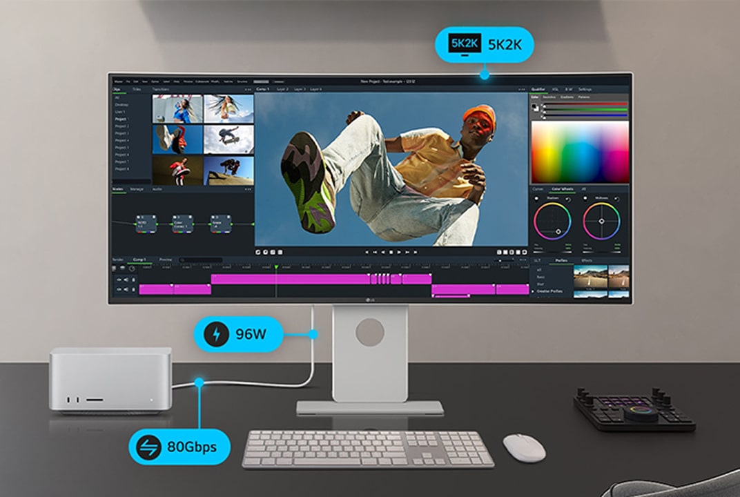 An ultrawide monitor on a desk displaying video editing software, connected to a laptop and storage device via 5K2K and SSD/HDD setup.