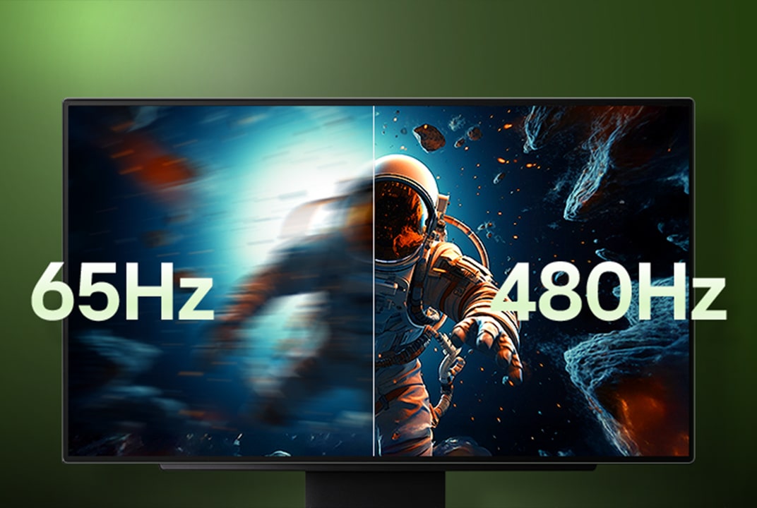 Gaming monitor refresh rate comparison showing 65Hz vs 480Hz performance on an astronaut game scene.