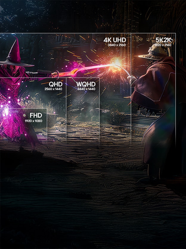 The scene shows two wizards exchanging magic spells in a game, overlaid with FHD, QHD, WQHD, 4K UHD, and 5K2K resolutions to compare the screen coverage of each.