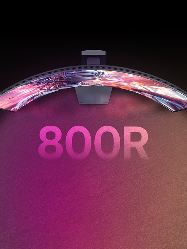 An animated video transitioning from a front view to a top view of a curved monitor.