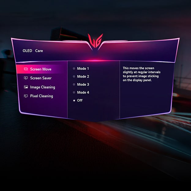 LG monitor OLED Care on-screen display menu showing options such as Screen Move, Screen Saver, Image Cleaning, and Pixel Cleaning, with selectable modes for preventing image sticking on the panel.