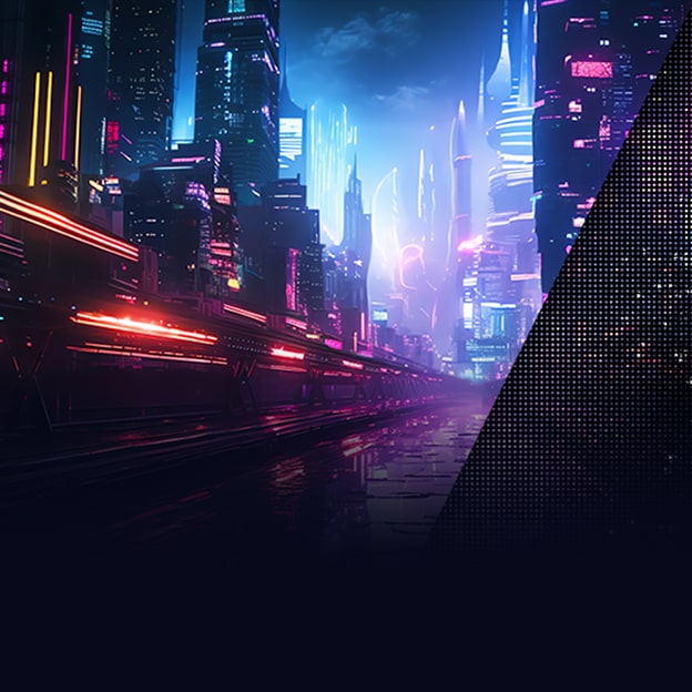 An image of a futuristic cityscape with vibrant neon lights, showing local dimming on the right side with pixelated dark areas to illustrate the dimming effect.