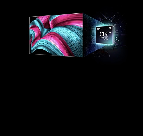 On the screen of an LG OLED evo AI TV is an abstract image with impressive detail, colour, and contrast. Behind the TV, a magnified version of the alpha 9 AI Processor Gen8 glows, illuminating the surrounding microchip circuits. The title reads LG OLED evo AI, with visible text that says powered by LG alpha 9 AI Processor Gen8.