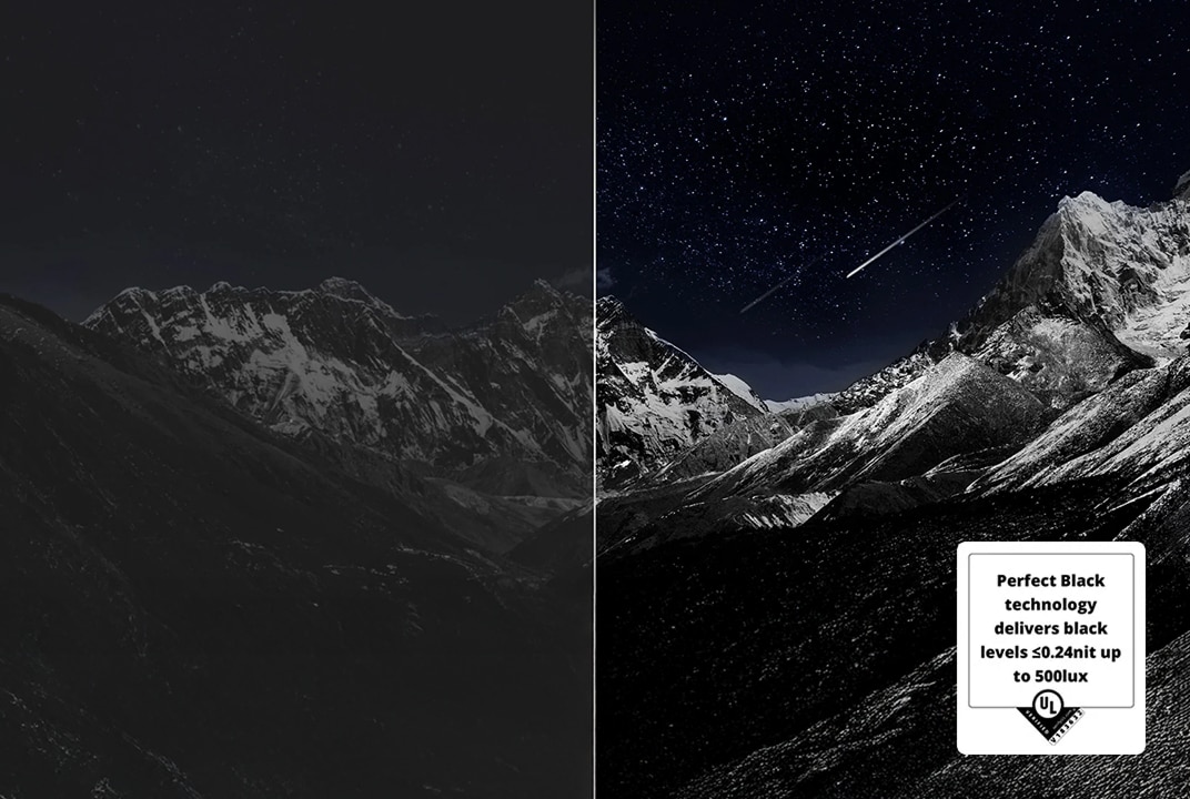A living room space features a wall-mounted LG OLED TV displaying a mountain range against a dark evening sky filled with stars. The scene is split in half — one side shows a duller, greyer version of the landscape labelled “Non Perfect Black display,” while the other shows a more vibrant picture with a wider dynamic range of blacks and whites, labelled “Perfect Black display.” A certification logo is also visible, stating: Perfect Black Technology delivers black levels less than or equal to 0.24 nit up to 500 lux.