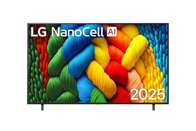 Front view of NanoCell TV, with LG NanoCell AI logo on the top corner. LG NanoCell NANO80 TV depicts colourful, paint-like textures coming together.