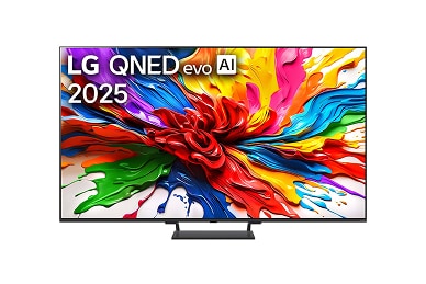 Front view of LG QNED evo QNED93 TV, with LG QNED evo AI logo on the top corner. LG QNED evo TV depicts colourful, paint-like textures coming together.