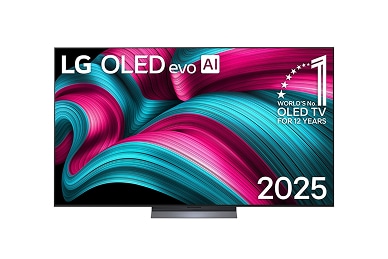 Front view of LG OLED evo AI C5 4K Smart TV. The screen displays the 12 Years of World’s No.1 OLED emblem and LG OLED evo AI 2025 logo.