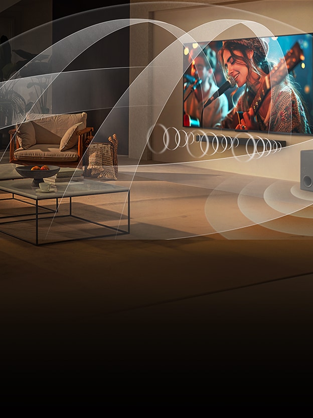 A living room features an LG TV and LG Soundbar with visual graphics representing how both devices fill the space with multi-surround sound.