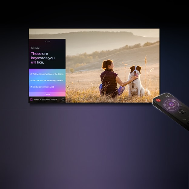 LG AI Magic Remote is placed in front of an LG TV screen. On the screen is a personalised greeting from the LG AI, with custom keywords based on the user’s search and watch history. Beside the remote is an icon and label showing that the AI Concierge functionality is easily accessible with one short press of the AI button.
